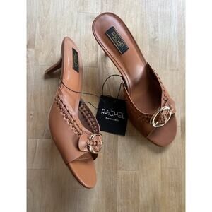 RACHEL Rachel Roy Tan Brown Woven Peep Toe Gold Buckle Kitten Heel Mules Size 10
